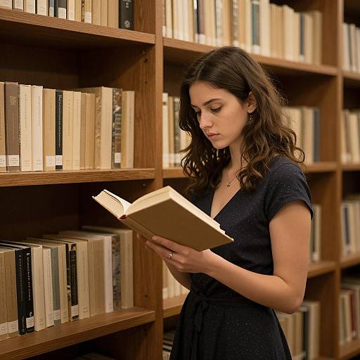 Photograph of a young woman with wavy brown hair, wearing a navy dress, reading a book in a wooden library.