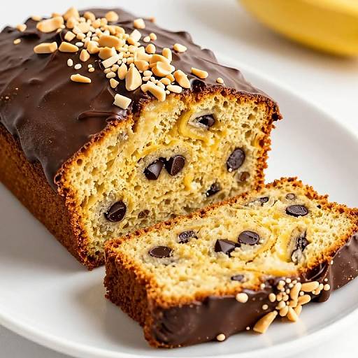 Photograph of a chocolate-covered banana loaf cake with visible dark chocolate chips, topped with chopped nuts, and sliced in half on a white plate.