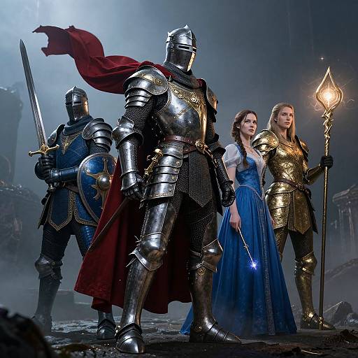 Photorealistic CGI image of three medieval warriors: two armored knights with swords, and a princess in blue dress holding a star. Misty, dim