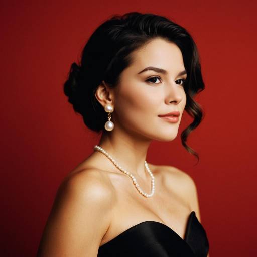 Elegant Woman with Pearls on Red Background