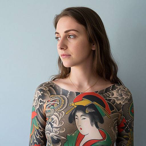 Photograph of a young woman with fair skin, brown hair, and blue eyes, wearing a colorful, Japanese-style embroidered top, gazing to the
