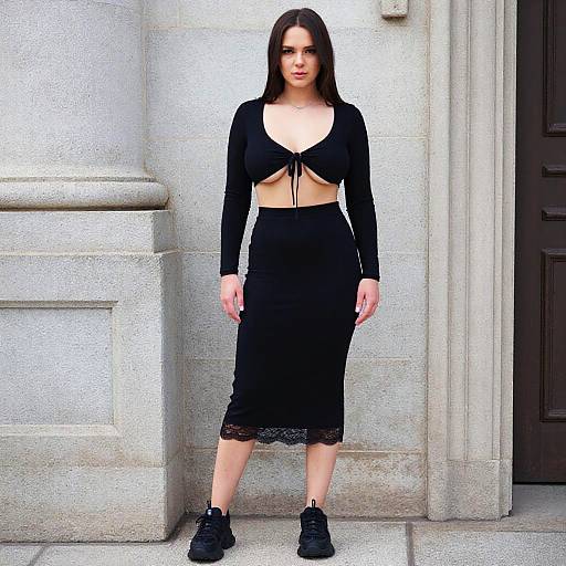 Photograph of a young woman with long dark hair, wearing a black long-sleeve crop top and high-waisted black skirt with lace trim