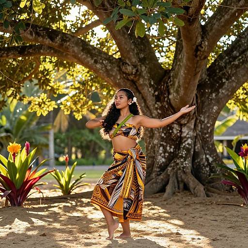 Photograph of a young Asian woman with long black hair, wearing a colorful, patterned, strapless dress, dancing under a large tree with sunlight