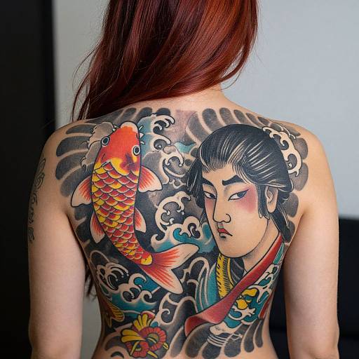 Photograph of a woman's back showcasing vibrant traditional Japanese tattoo of a koi fish and samurai face amidst swirling waves.