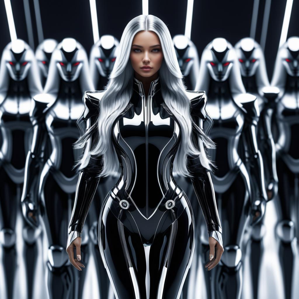 Futuristic 3D Androids with Silver-haired Woman