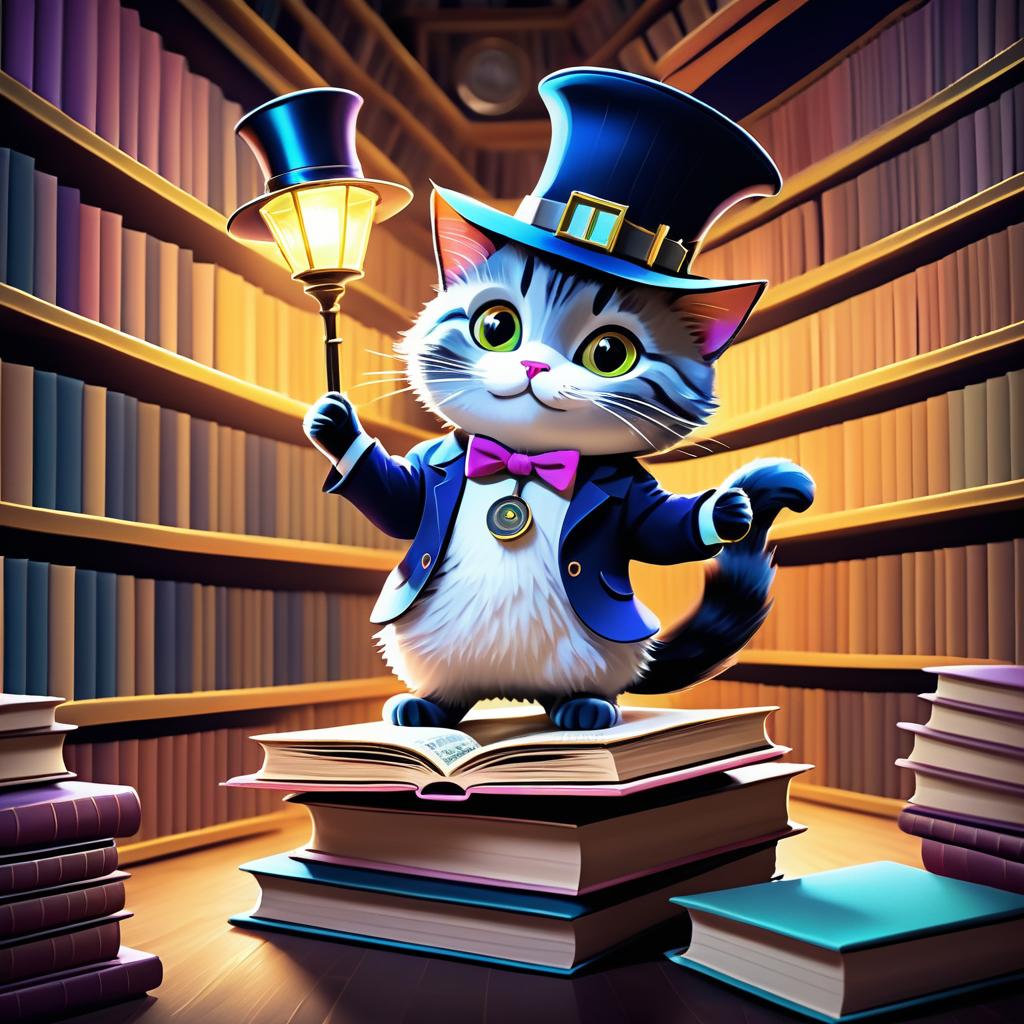 Whimsical Cat Detective in Enchanted Library