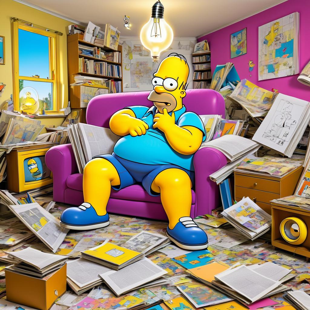 Homer Simpson in Chaotic Cartoon Scene