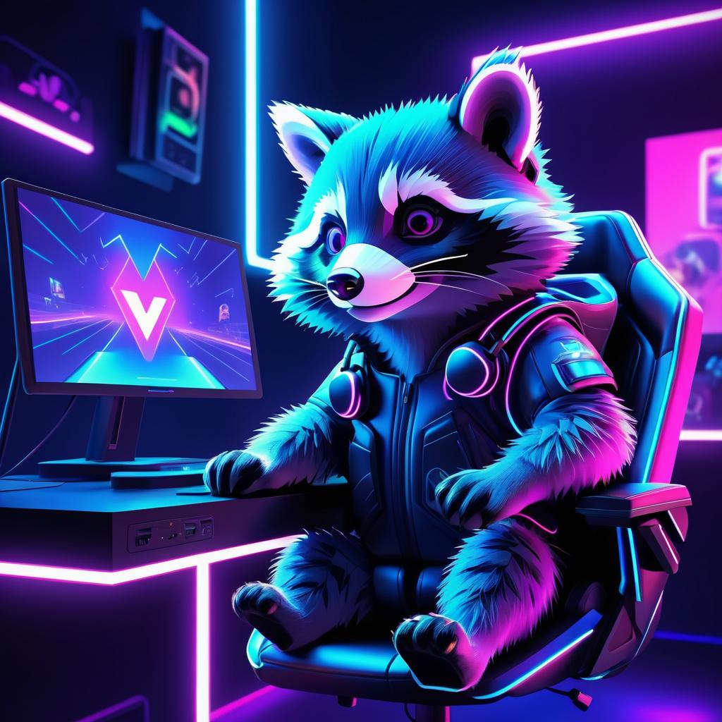 Majestic Raccoon Gaming in Neon Lights