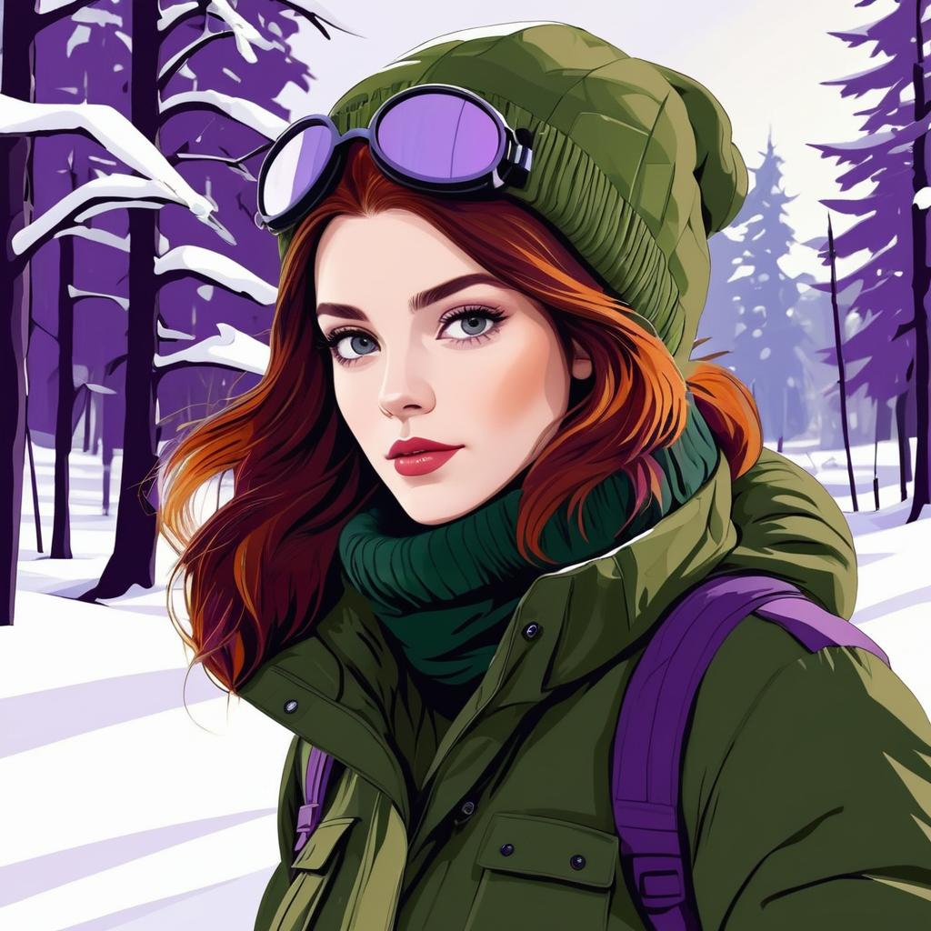 Auburn-Haired Snow Adventurer in Olive Gear