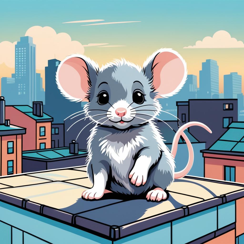 Whimsical Baby Rat on Urban Rooftop