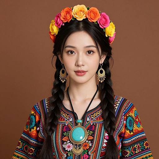 Photograph of an Asian woman with long braids, wearing a colorful embroidered blouse, flower crown, large turquoise pendant, and intricate earrings, against a
