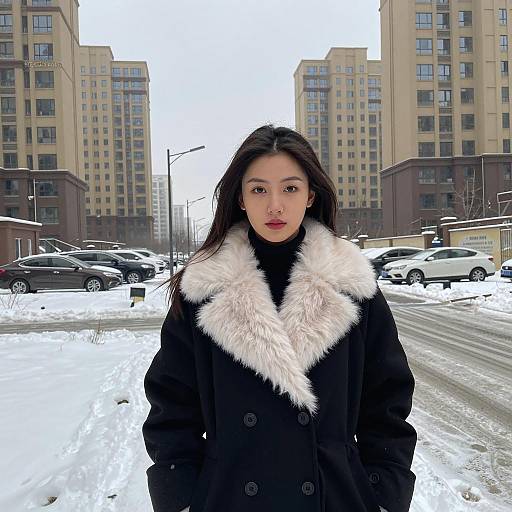 Young Woman in Winter Coat in Urban Snowy Setting