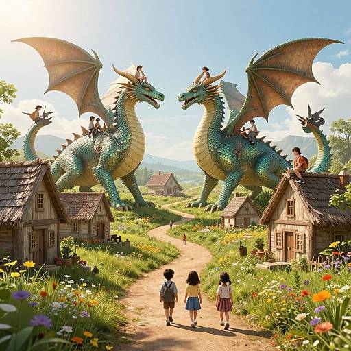 Children Riding Dragons in Fantasy Village