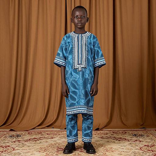 Photograph of a young African boy standing in front of brown curtains, wearing a blue, patterned traditional outfit with white geometric designs, black shoes,