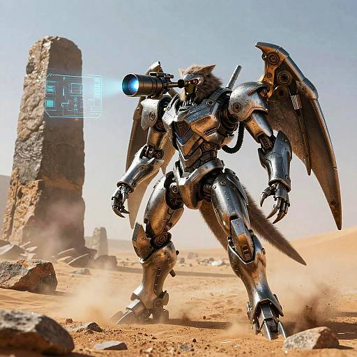 Photorealistic CGI of a metallic, winged robotic warrior with a glowing blue eye, standing in a dusty, rocky desert landscape.