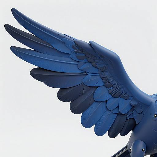 Close-up photograph of a blue-feathered bird's wings spread wide, showcasing detailed feather textures and gradient shades of blue against a stark white background.