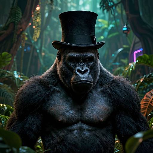 Digital artwork of a muscular, black-furred gorilla wearing a tall black top hat, standing in a vibrant, neon-lit jungle.
