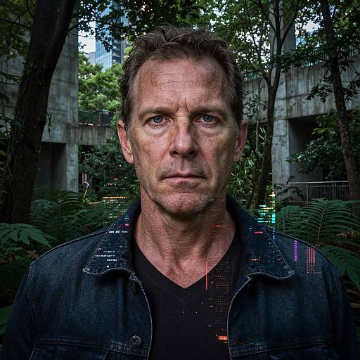 Photograph of a serious middle-aged man with short brown hair, wearing a black shirt and denim jacket, standing in a lush, leafy urban park