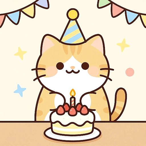 Adorable, orange-and-white cartoon cat with party hat, holding candlelit strawberry-topped cake, smiling, in colorful bunting-decorated background
