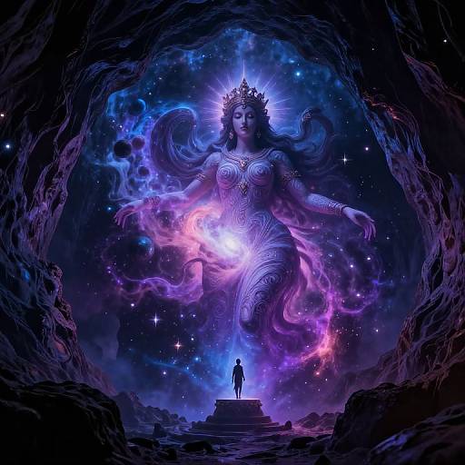 Digital artwork: A crowned, ethereal woman with glowing purple and blue aura hovers above a small figure on a rocky platform, surrounded by a star