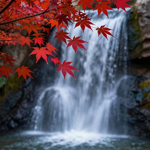 Serene Waterfall with Red Maple Leaf