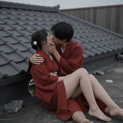 Couple Kissing in Red Kimonos on Rooftop
