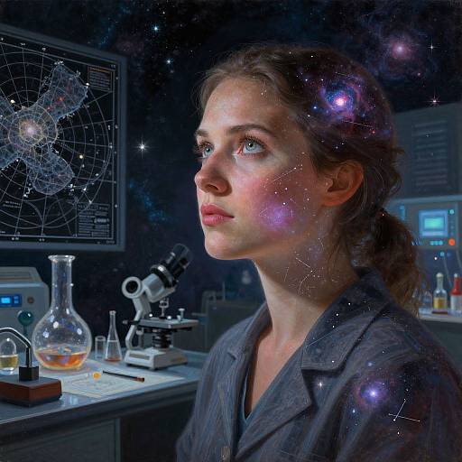 Digital artwork of a young woman with star-like sparkles in her hair, gazing at a spiderweb display in a dark, futuristic lab. W