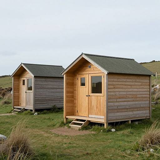 Photograph of two wooden beach huts with dark green roofs, standing on grassy terrain, under a clear blue sky.