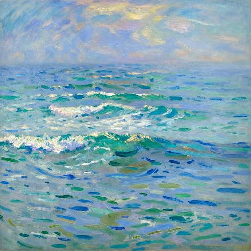 Impressionist-style painting of a vibrant blue ocean with white-capped waves, sunlight reflecting off the water, and a cloudy sky in the background.