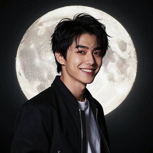 Photograph of an Asian man with messy black hair, smiling, wearing a black jacket over a white shirt, against a bright full moon background.