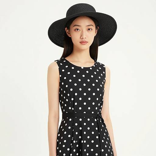 Photograph of an Asian woman with long black hair, wearing a black polka dot dress and wide-brimmed black hat, standing against a plain