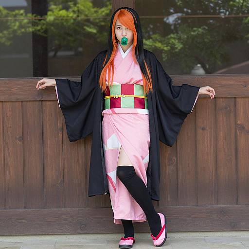 Asian Woman in Pink Kimono with Black Robe