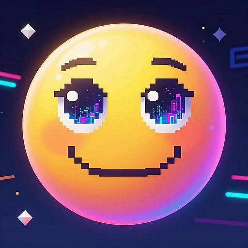 Pixel art of a glowing, orange-yellow sun with a pixelated smile and starry, pixelated eyes against a dark, neon-lit background.