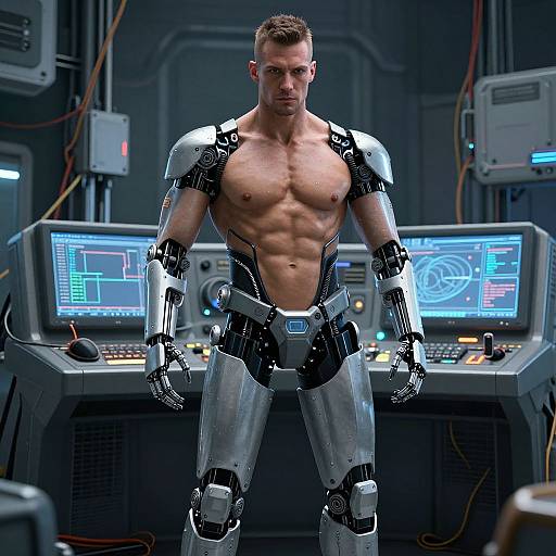 CGI image of a muscular, shirtless man with metallic cybernetic arms and legs standing in a high-tech control room.