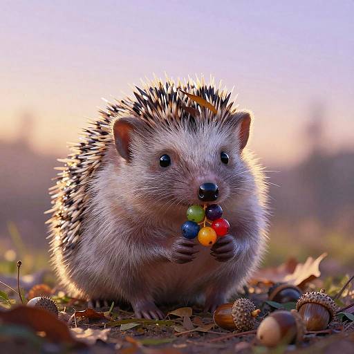 Photograph of a cute hedgehog holding colorful beads with small black, yellow, red, and green beads in its mouth. Background: blurred autumn forest