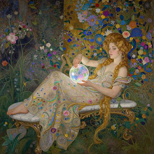 Digital artwork of a fair-skinned, red-haired woman in a floral gown, reclining on a ornate bench, holding a glowing orb, surrounded