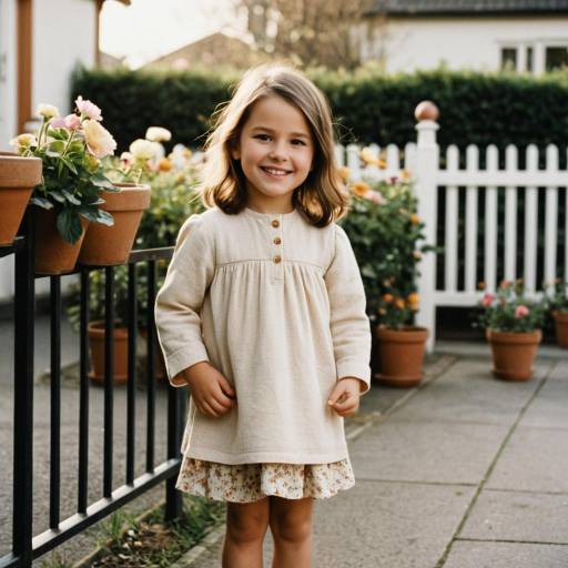 Smiling Toddler Girl Near Flower Pots by Gate