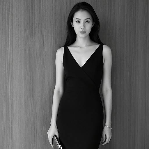 Black-and-white photograph of an Asian woman with long hair, wearing a sleeveless V-neck black dress, holding a phone, against a textured wall background