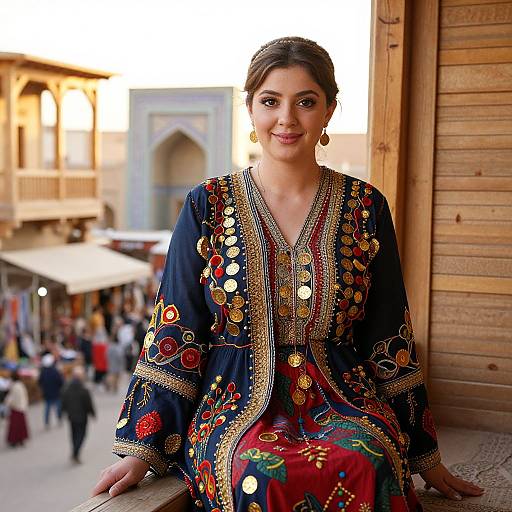 Photograph of a smiling South Asian woman in a vibrant, embroidered traditional outfit, sitting against a wooden building in a bustling, sunlit market square.