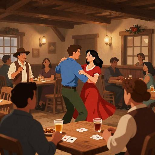 Rustic Saloon Scene with Dancing Duo