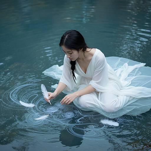 Photograph of an Asian woman with long black hair, wearing a white, flowing dress, sitting in dark water, gently releasing white feathers, creating r