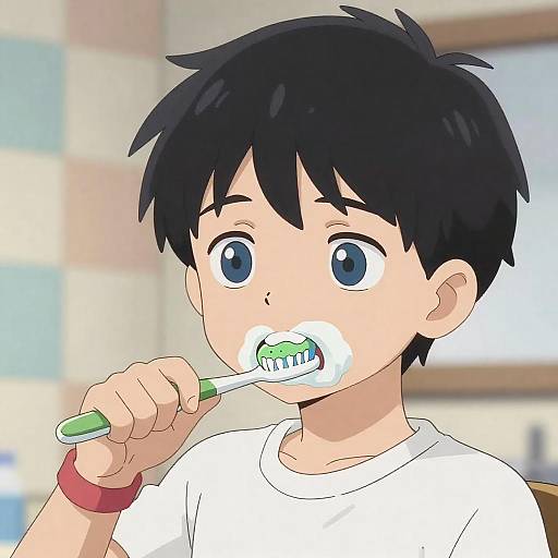 Whimsical Boy Brushing with Monster Toothbrush