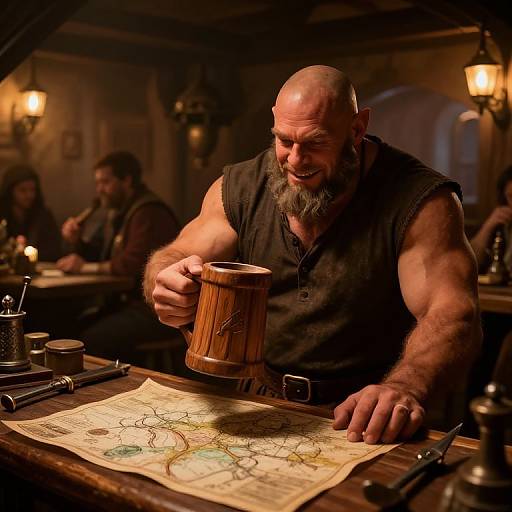 Photograph of a muscular, bald, bearded man in a black sleeveless shirt, holding a wooden mug, studying a map in a dimly