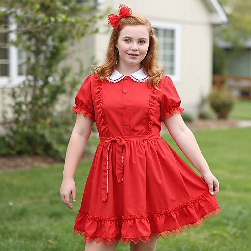Photograph of a young girl with fair skin and red hair, wearing a bright red, ruffled dress with a white collar, standing in a grass