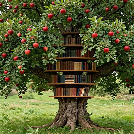Sentient Tree with Books and Apples