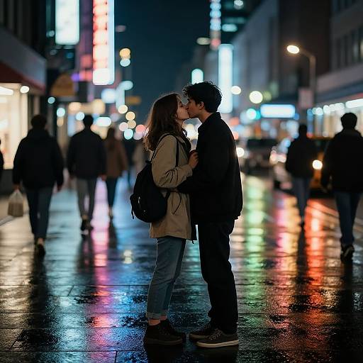 Photograph of a couple sharing a kiss on a wet, brightly lit city street at night, with blurred neon lights and pedestrians in the background.