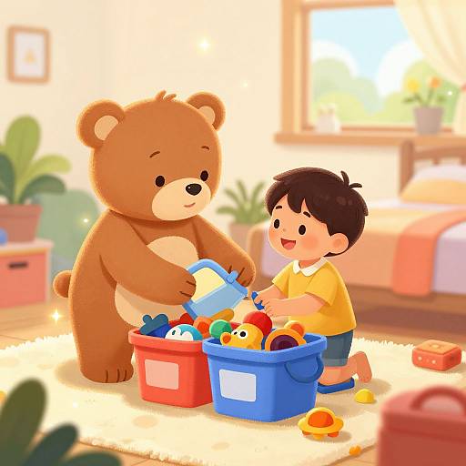 Digital illustration of a cute brown teddy bear and a smiling boy with black hair playing with colorful toys on a bright, sunlit carpet in a cozy