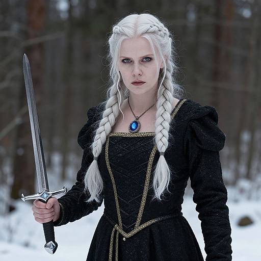 Fierce Warrior Woman in Snowy Forest