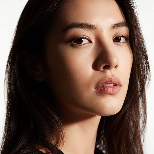 Photograph of a young Asian woman with long, dark brown hair, fair skin, and subtle makeup, gazing slightly to the right against a white