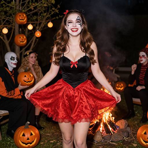 Photograph of a woman in a black corset and red tutu, white face paint, Halloween-themed, standing in front of a fire with carved